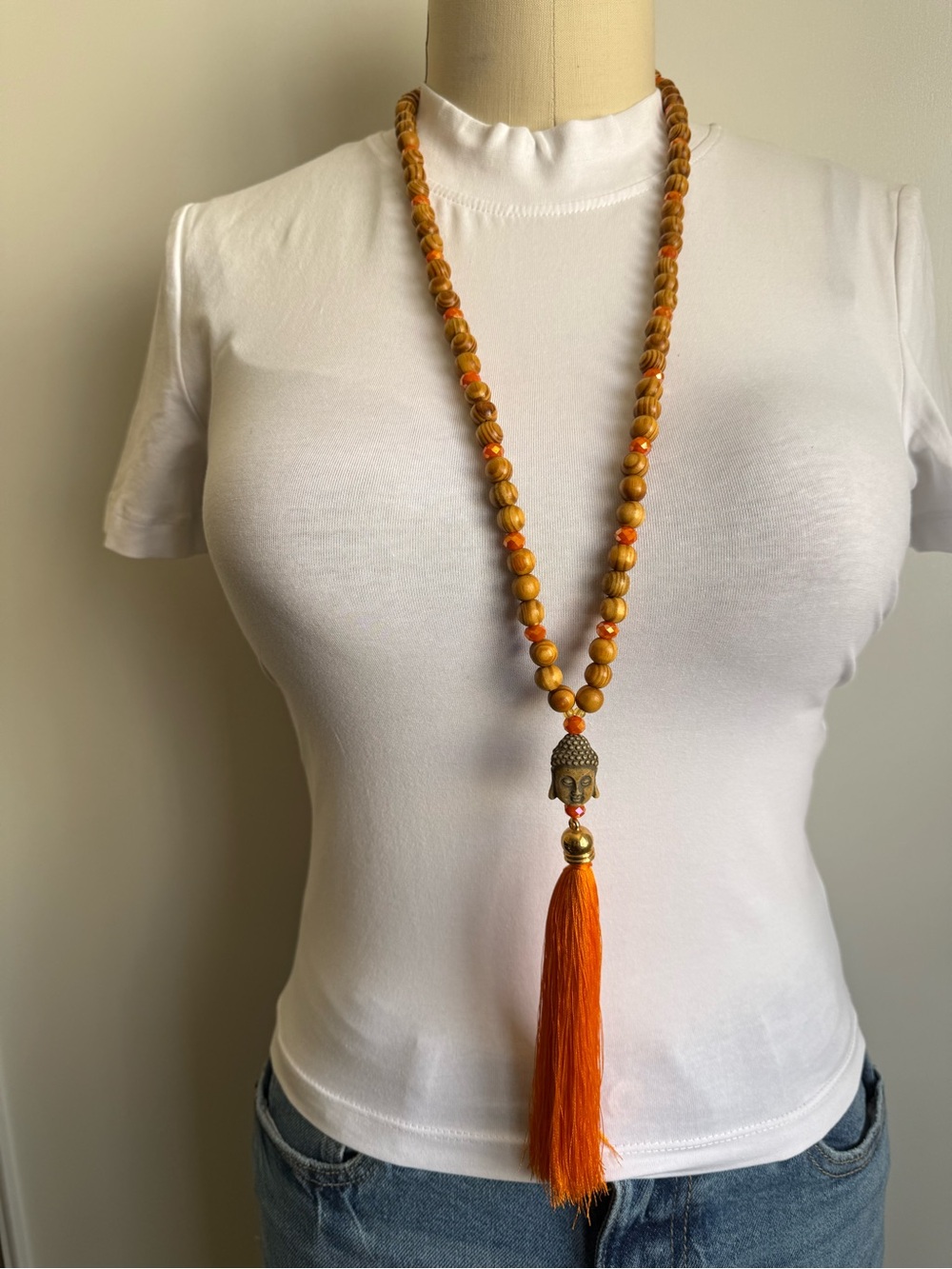 Buddha Tassel Beaded Necklace in Orange